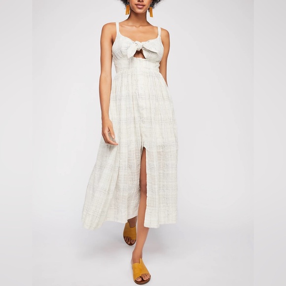 Shona Joy Tie Front Cream Linen Blend Midi Dress - Picture 2 of 9